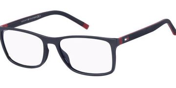 Black rectangular eyeglasses with red accents.
