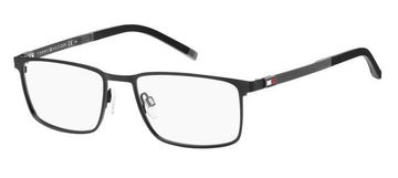 Black rectangular frame eyeglasses with thin temples.