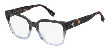Stylish rectangular eyeglasses with gradient black and clear frames.