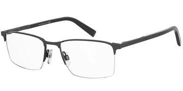 Black rectangular half-rim eyeglasses.