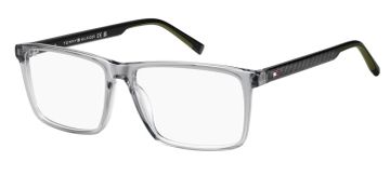 Transparent framed eyeglasses with black temples.
