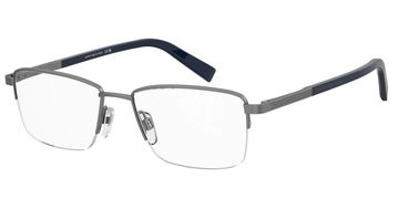 Rectangular metallic eyeglasses with black temple tips.