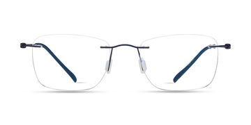 Minimalist rimless eyeglasses with blue temples.