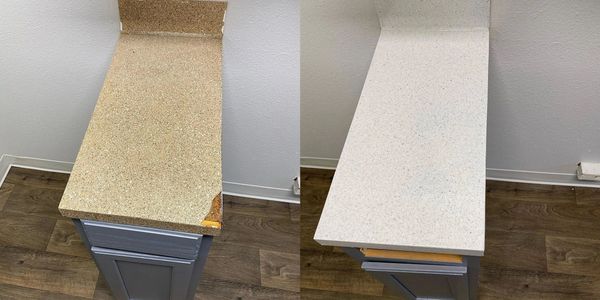 Before and after comparison of a damaged yellow laminate countertop restored to a modern white stone