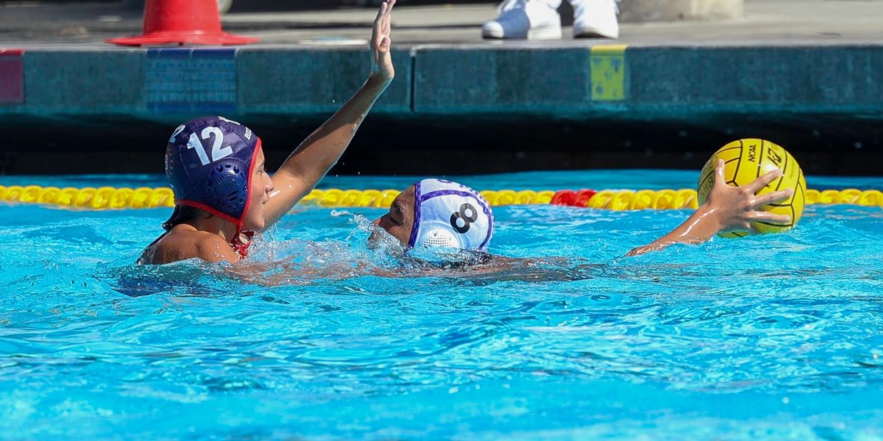 Two water polo players compete, one ready to throw the ball.