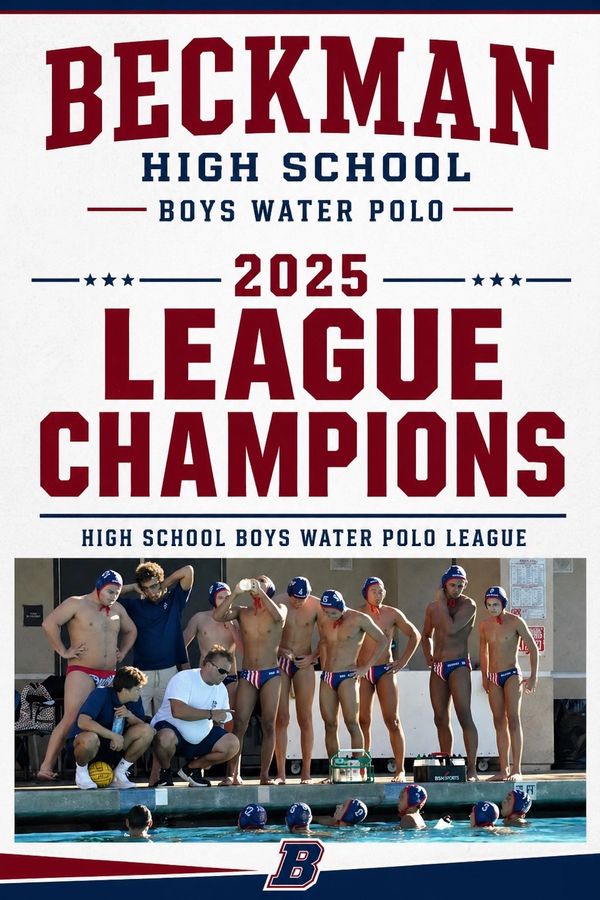 Beckman High School boys water polo team celebrates 2025 league championship.
