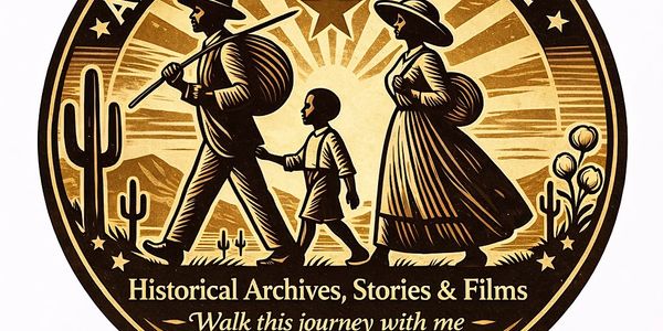 Illustration of a family walking through a desert landscape with text about historical archives and stories.