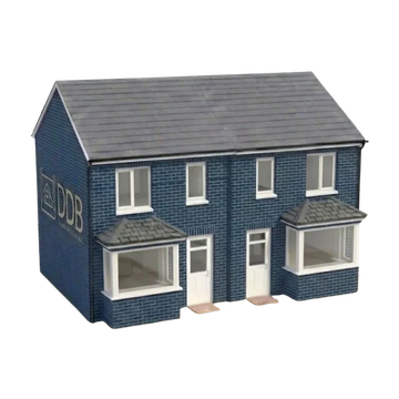 Model of a blue brick duplex house with two front doors and windows.