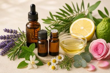 Essential oils infographic, botanical aromatic oils for skincare benefits and natural fragrance