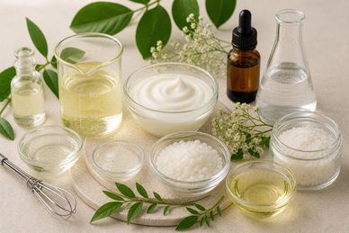 Various natural skincare ingredients and oils arranged on a wooden tray.