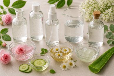 Natural skincare ingredients with flowers and aloe vera in glass containers.