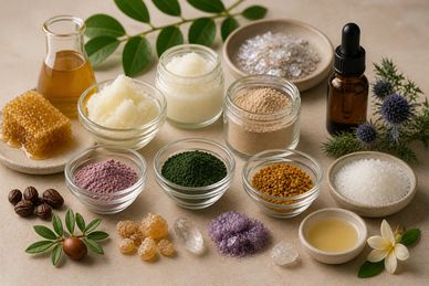 Natural skincare ingredients arranged in bowls and jars on a beige surface.