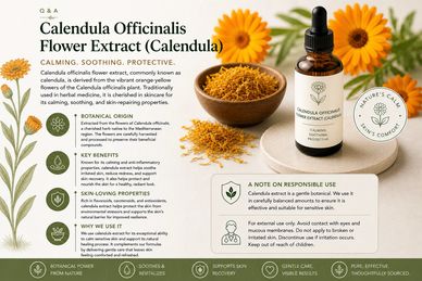 Informative infographic about Calendula Officinalis flower extract with benefits and usage tips.