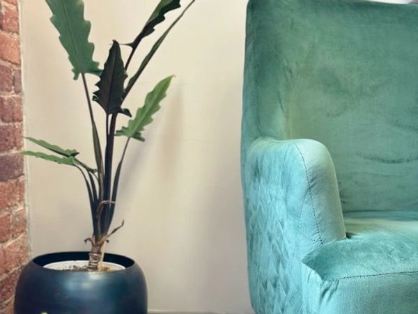 Green upholstered chair next to a potted plant in a cozy room.