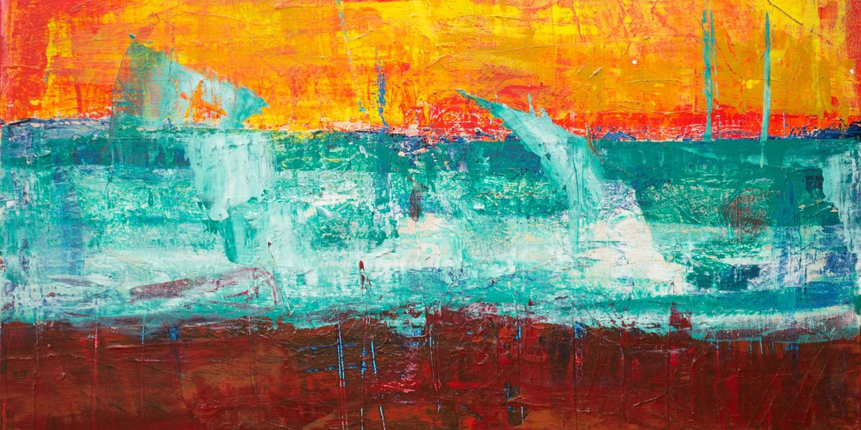 Abstract painting with vibrant layers of orange, teal, and brown.