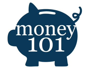 Blue piggy bank with money 101 text