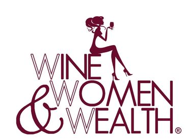 Logo with silhouette of woman holding wine glass and text Wine Women &amp; Wealth.