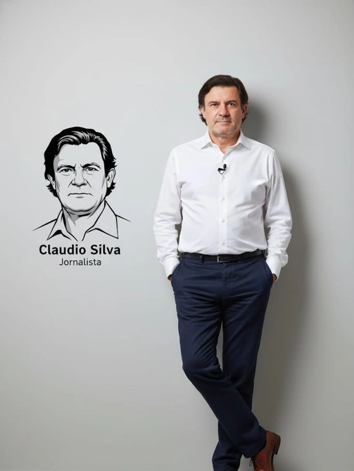 Man in white shirt and blue pants stands next to a graphic portrait labeled Claudio Silva, Journalist.
