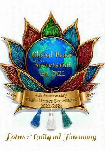 Emblem of Global Peace Secretariat with lotus motif and anniversary banner.