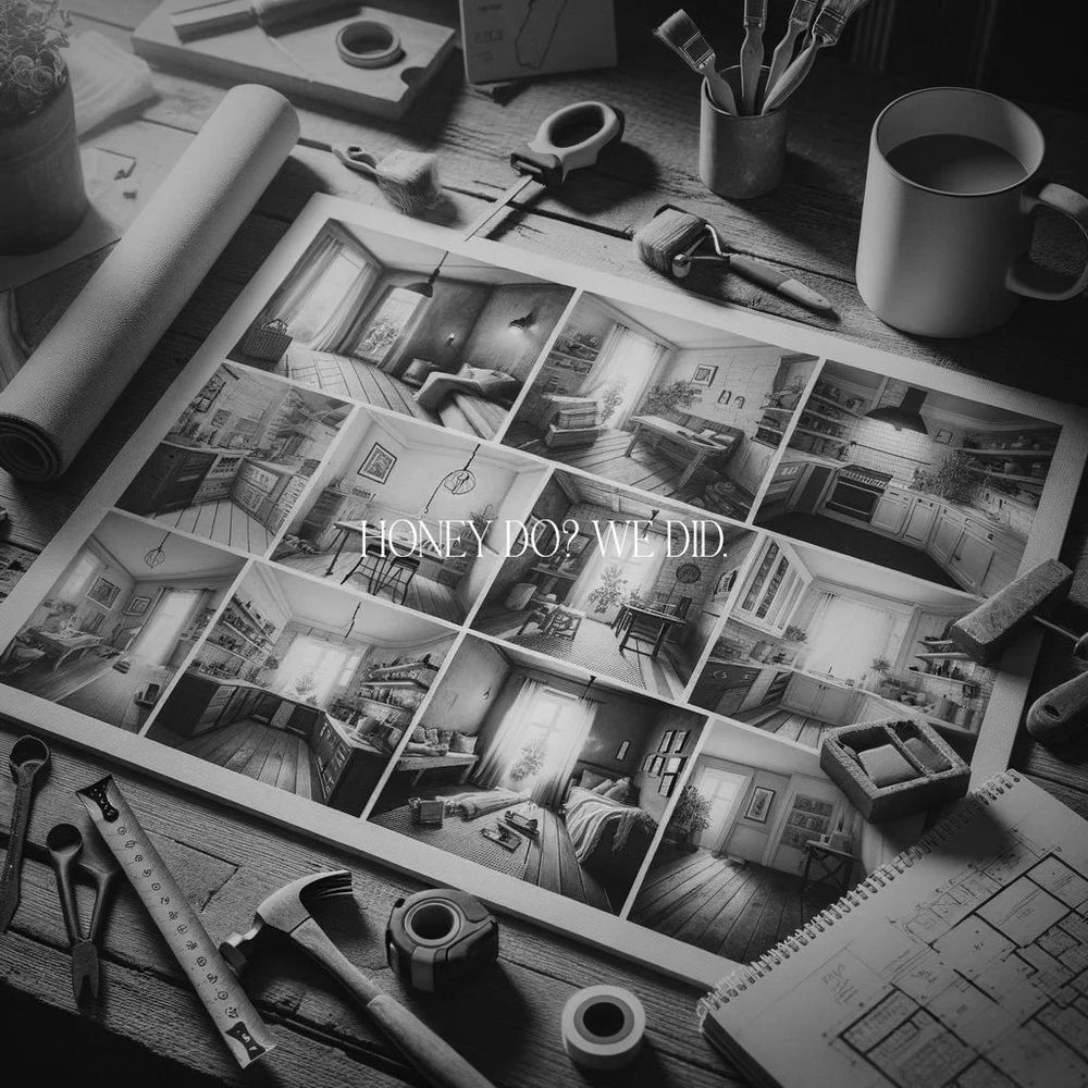 A workspace with home renovation plans, tools, and coffee.