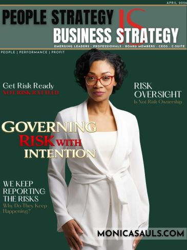Magazine cover featuring a confident woman in white with risk management themes.