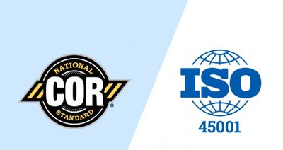 Logos of COR National Standard and ISO 45001 certification.