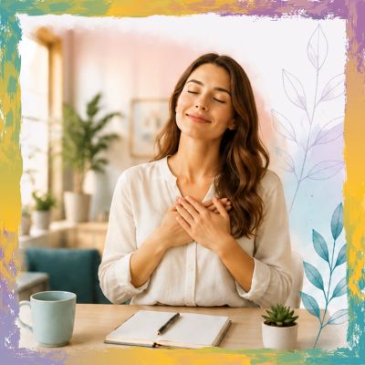 Mujer practicando gratitud con sonrisa y ojos cerrados.
