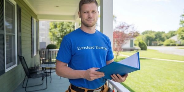 Electrician on porch with tools and clipboard from Everstead Electric.