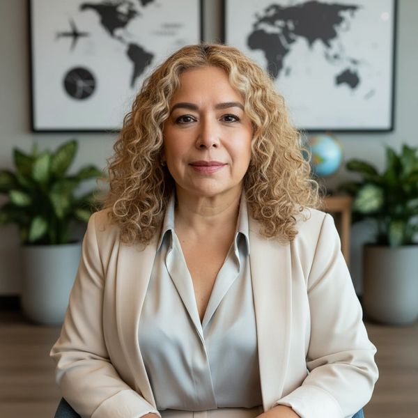 Professional woman in beige blazer sitting with a world map and plants in the background.