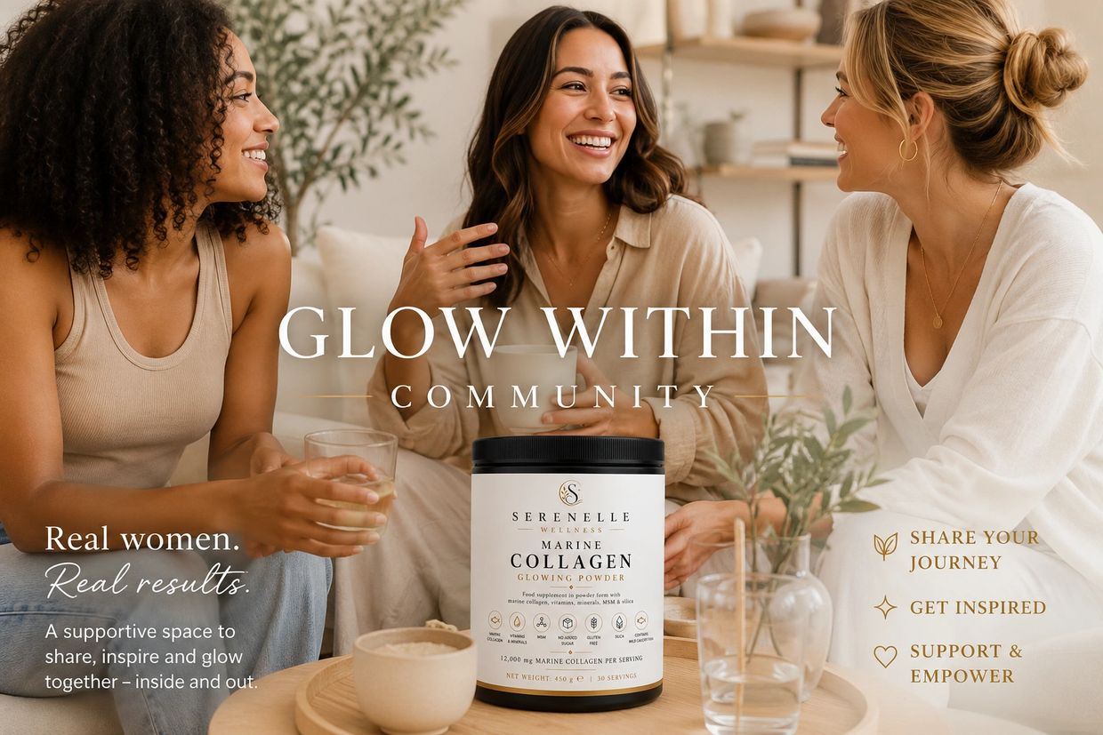Three women enjoying a cozy chat with collagen powder promoting wellness and community.