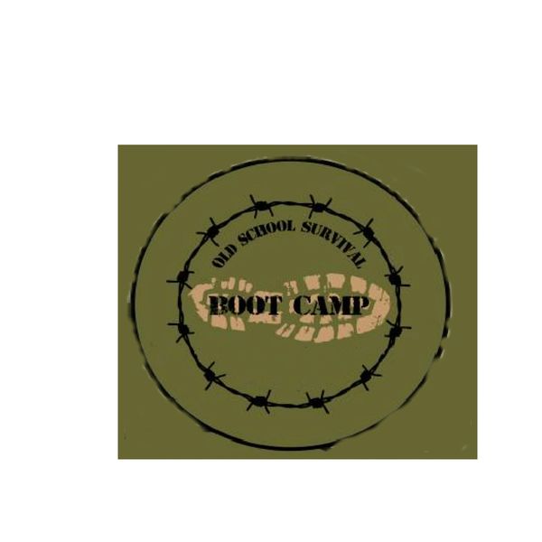 Old School Survival logo of barbed wire and a boot print on an olive drab background.