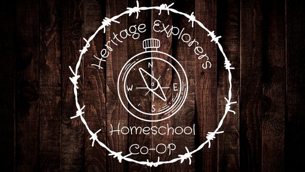 Heritage Explorers Homeschool Co-Op logo on rustic wood background.