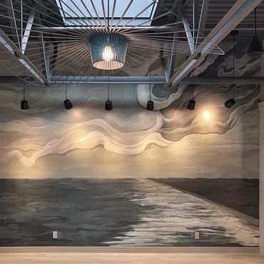 feature wall, mural, wall painting, custom wall art, ocean view, monochromatic mural, hand painted m