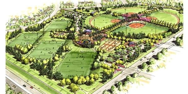 Aerial illustration of a sports complex with soccer and baseball fields surrounded by trees.