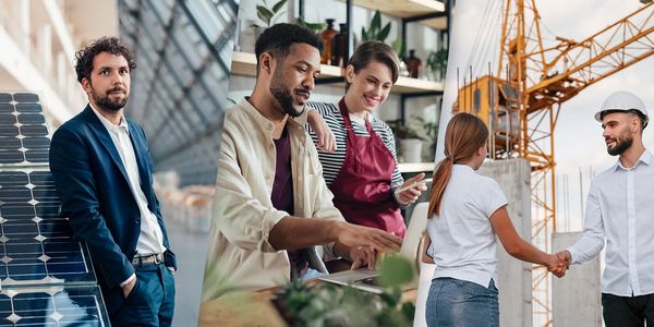 Professional people working in renewable energy, food business, and construction sectors.