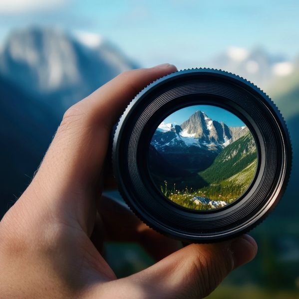 Hand holding a camera lens focusing on a mountain landscape.