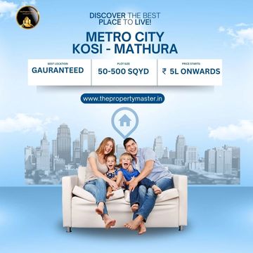 Family happily sitting on a sofa promoting Metro City Kosi-Mathura real estate.