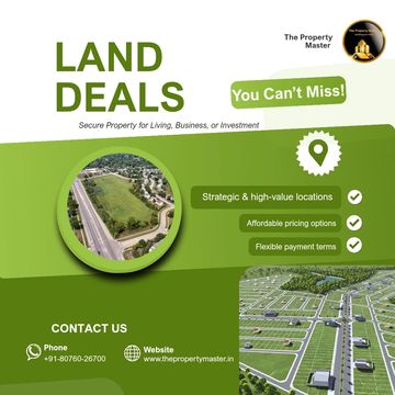Advertisement for land deals offering strategic locations and flexible payment options.