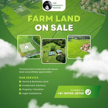 Advertisement for farmland on sale with aerial images and contact details.