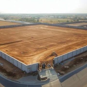 Large construction site with cleared land, surrounded by concrete walls.