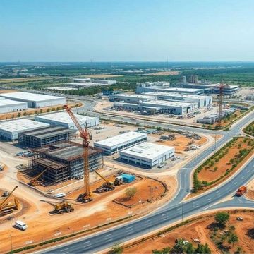 Aerial view of an industrial park under construction with cranes and buildings.