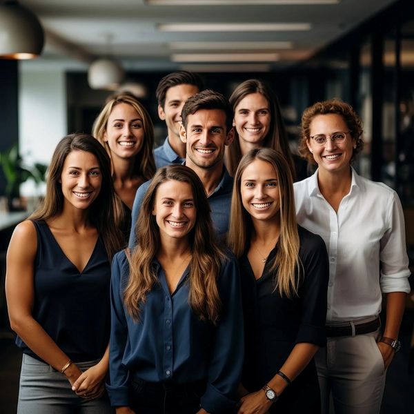 A diverse group of eight young professionals smiling in an office setting.
