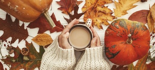 Cup Fresh Roasted Coffee hands sweater pumpkin fall leaves walnut oak maple earth tones