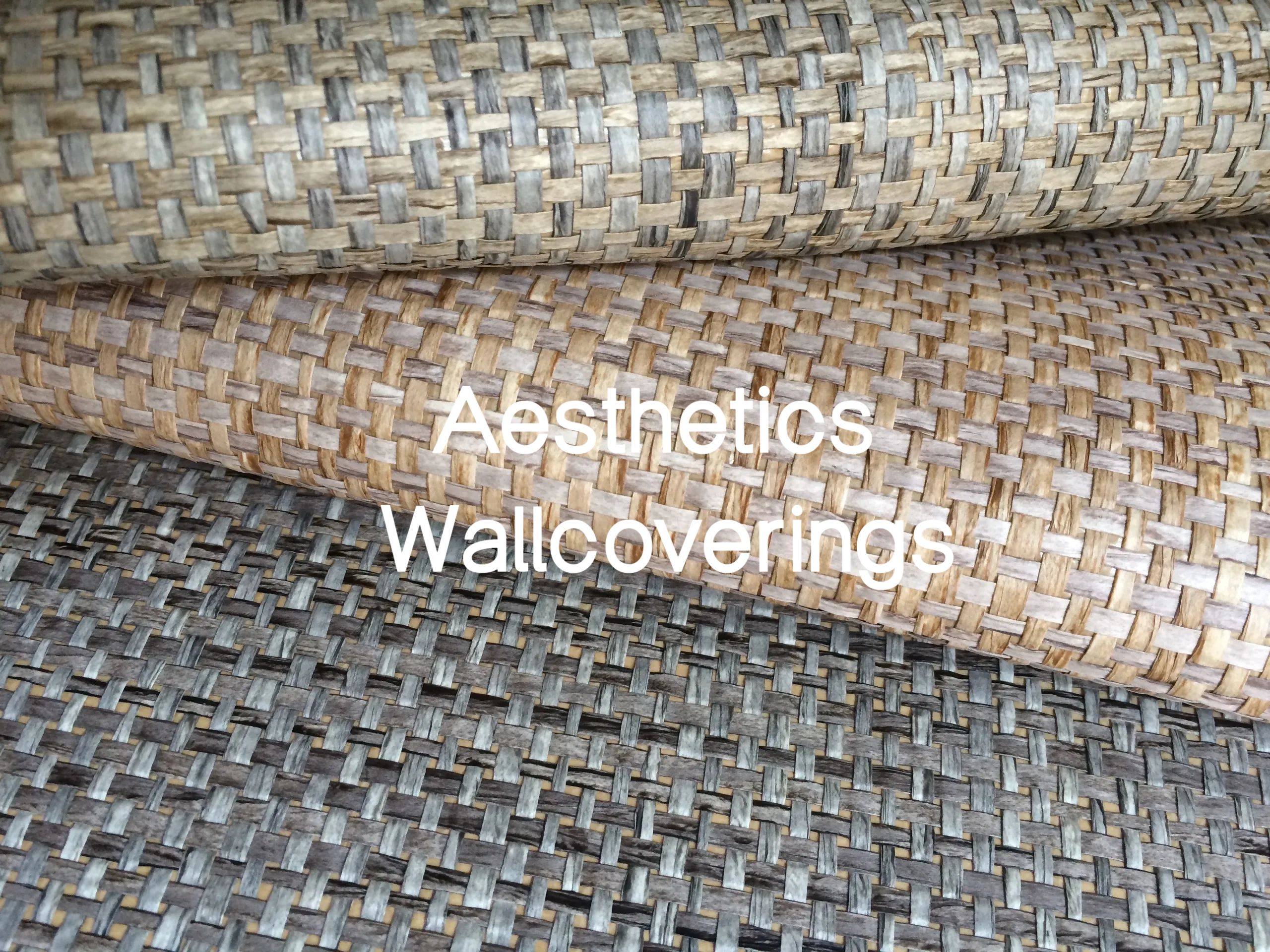 Woven textured wallcoverings in neutral tones.