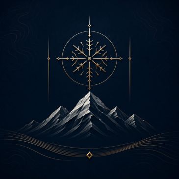 Elegant geometric mountain with a golden compass and wave design on dark background.