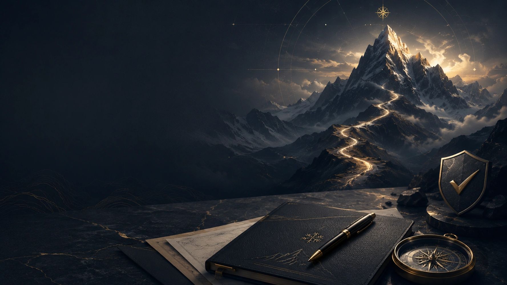 A glowing path winds up a majestic mountain under a shining compass rose.