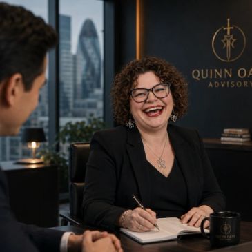 A cheerful woman in a business meeting at Quinn Oath Advisory office.