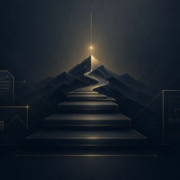 A glowing, futuristic stairway leads up to a shining star atop a dark mountain.