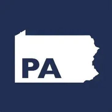Silhouette of Pennsylvania with PA abbreviation on dark blue background.