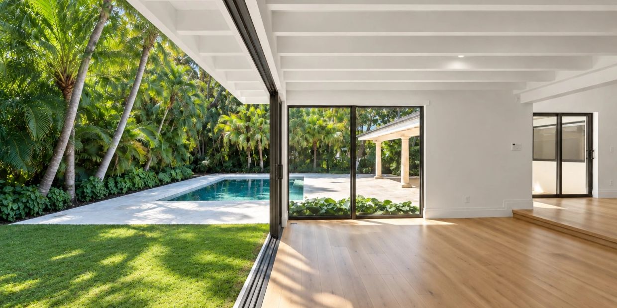 Modern indoor space with wooden floor opening to a pool and lush garden.